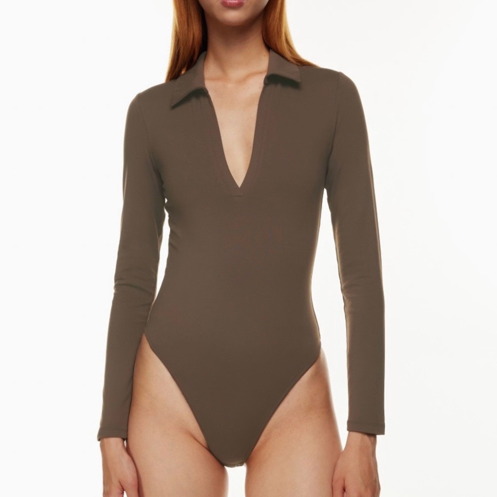 Babaton Contour Polo Longsleeve Bodysuit in Chocolate Brown Size L
